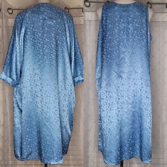 Vintage National Blue Floral Satin Burnout Peignoir Robe & Nightgown Set Medium‎ - Picture 2 of 7